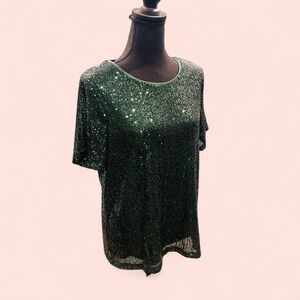 Ninety Green Sequin Relaxed T-Shirt Large